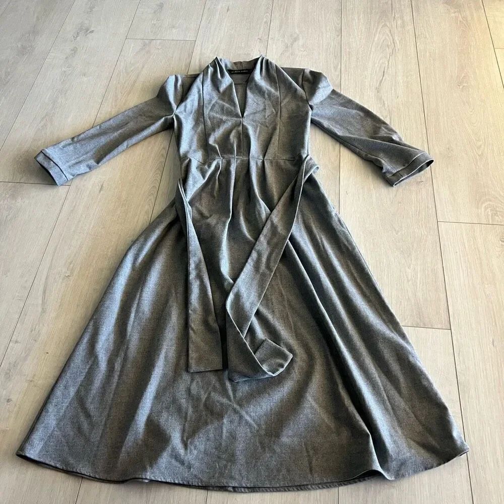 Zara Gray Tie Wool Dress xs